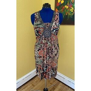 MUSA Size Small V Neck Short Sleeve Vintage Print Embellished Neckline Dress